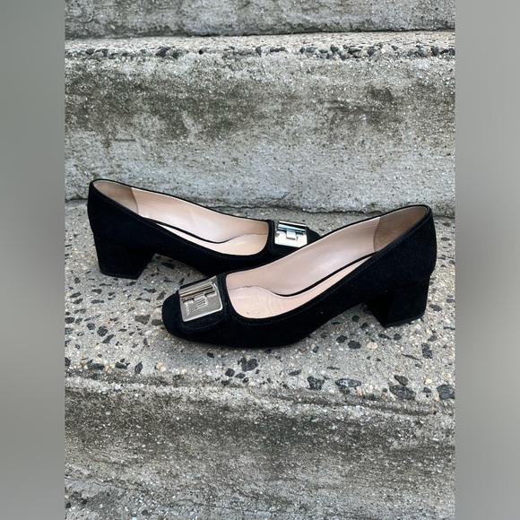 Prada Pumps Shoes Sz 37 Suede Silver Buckle Chunky Heel - Picture 5 of 7